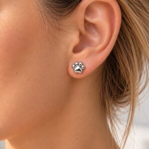 Pendiente ERYNA de huella en acero inoxidable plata puesto en la oreja