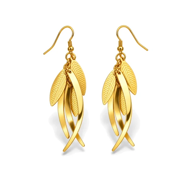 Pendientes largos ERYNA de hojas en acero inoxidable dorado Par de pendientes largos dorados con hojas grabadas, láminas curvas y cierre de gancho ERYNA