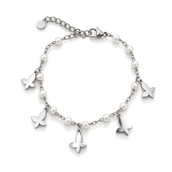 Pulsera plateada de acero inoxidable con perlas blancas, cinco mariposas colgantes y cierre de mosquetón ERYNA